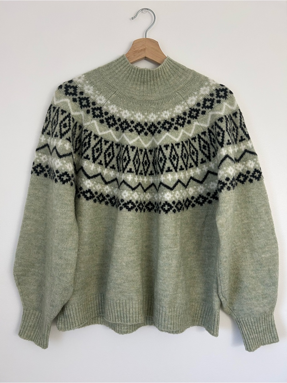 Fair Isle Sage Green Mock Neck Pullover Sweater